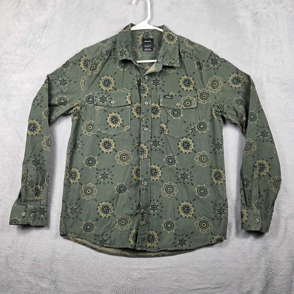 RVCA Button Down Shirt Mens Small Green Excellent Corduroy Floral Mandala Print